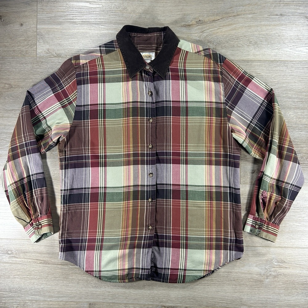 VTG Talbots Shirt‎ Womens Medium Fall Plaid Velvet Collar Button Up Shirt Cotton